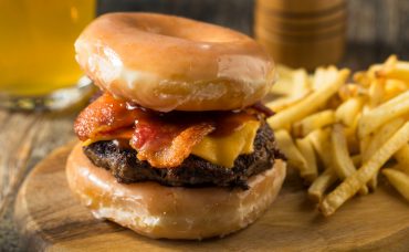 Homemade Donut Cheeseburger with Fries and Beer